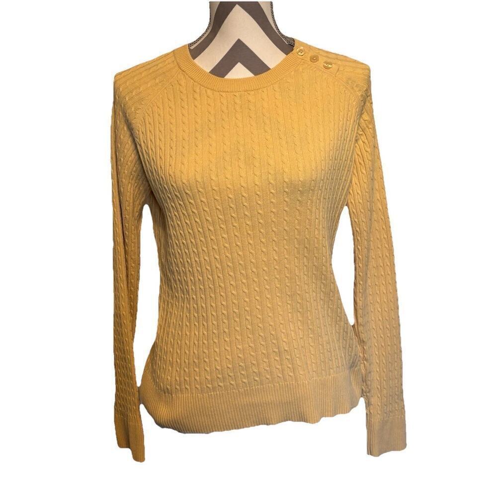 Vintage Butter Yellow Cable Knit Sweater Button Shoulder Neck Cotton Womens Lg